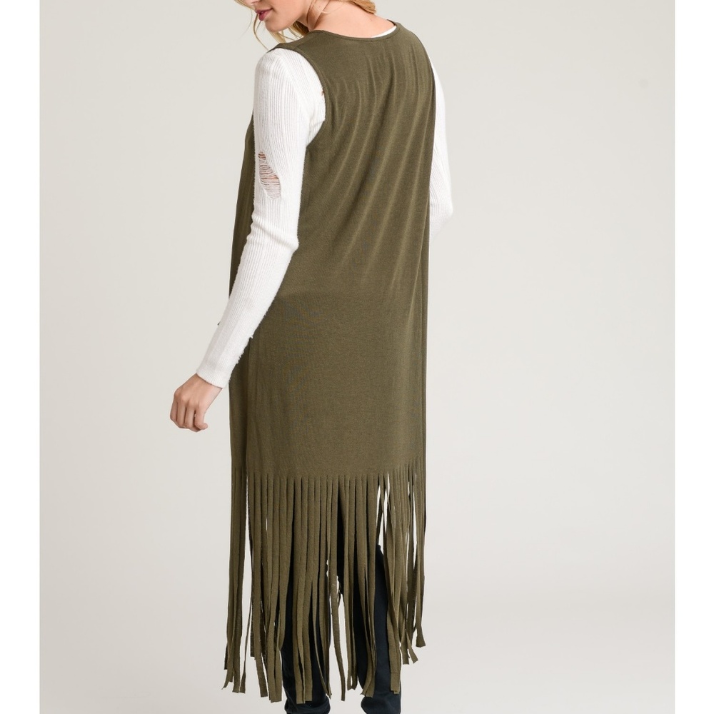 Long Fringe Vest Duster Front Pockets New Olive - Picture 4 of 8